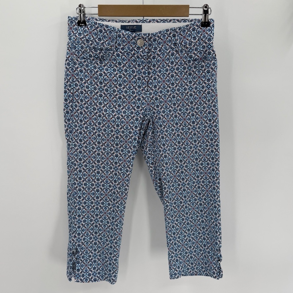 VERVE BLUES Pants Womens 8 Blue White Print Crop Capri Casual Classic Spring